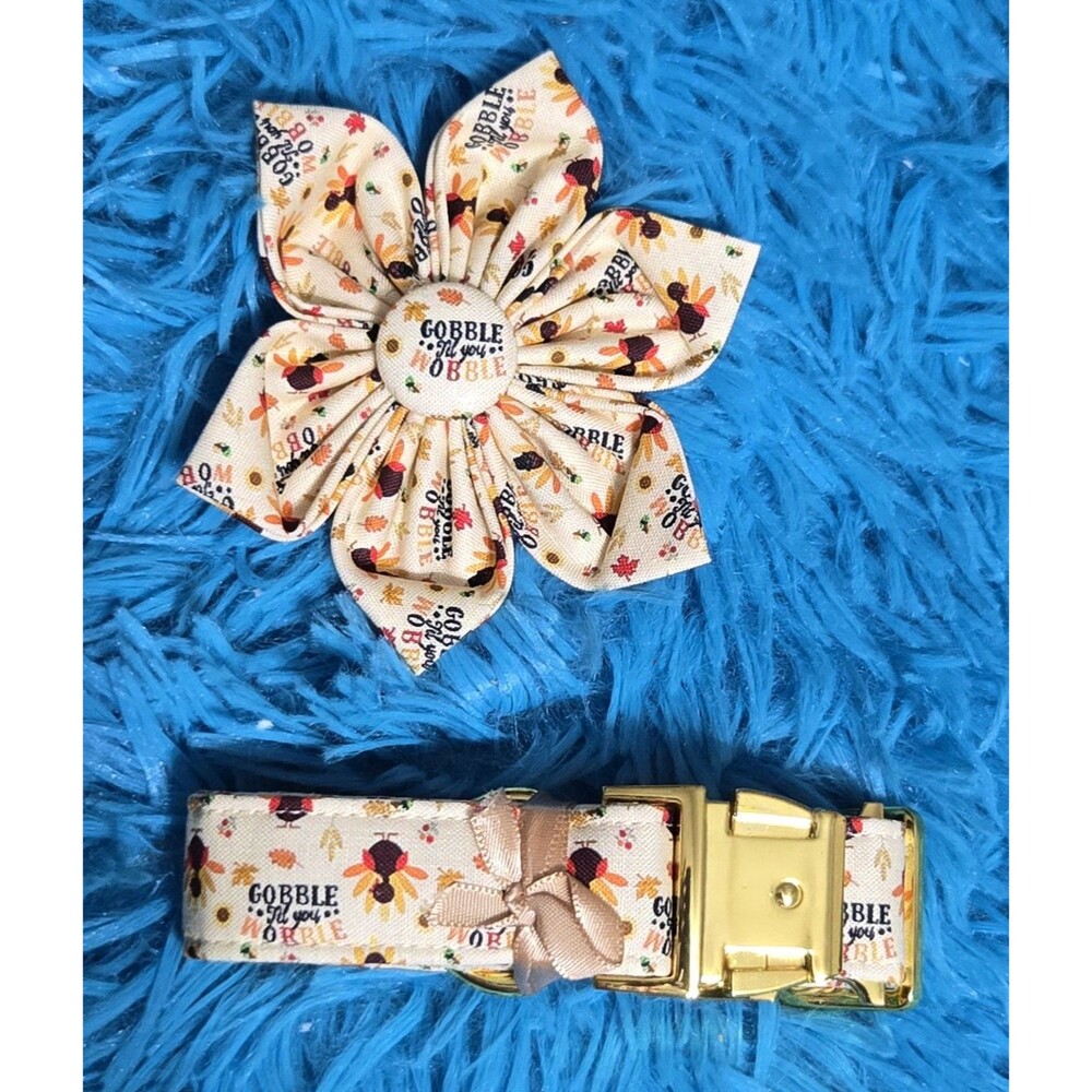 Elegant Thanksgiving Turkey Print Dog Collar with Flowers for Medium Dogs